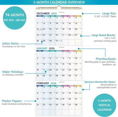 Miniatura 3 de Calendario de Pared 2026 - Calendario de 3 Meses 2026 Vertical, Enero 2026 - Diciembre 2026, Calendario de Pared de 3 Meses 2026, 11 x 26 Pulgadas