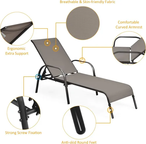 Miniatura 7 de Tangkula Sillón para exteriores, tumbona de patio con respaldo ajustable, sillón reclinable para piscina exterior con marco de acero resistente