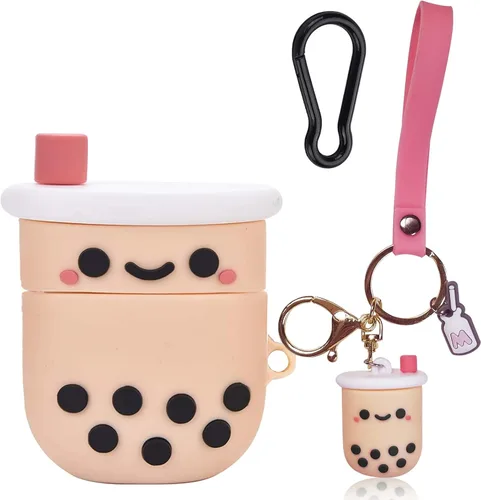 Funda protectora de silicona para Airpods con llavero, diseño de té con leche Boba rosa femenino, a prueba de golpes, compatible con AirPods 1 y 2,