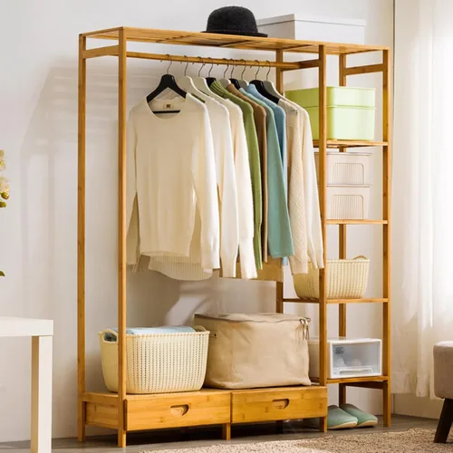 Miniatura 8 de Multifunctional Bamboo Clothes Rail Stand with Hanging Rod,Sturdy Freestanding Coat,Garment Rack,Open Wardrobe for Bedroom Hallway,Clothing Hanger