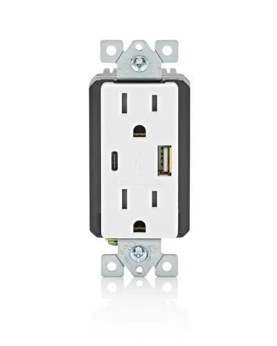 Leviton Cargador de pared USB tipo A/C de 18 W con toma de corriente resistente a manipulaciones de 15 A, cargador USB para teléfonos inteligentes,