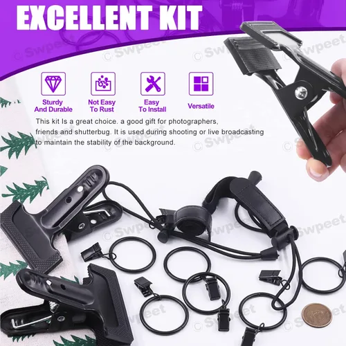 Miniatura 3 de Swpeet Kit de 22 abrazaderas para telón de fondo de fotografía, 10 anillos de cortina con clips, 6 abrazaderas de resorte para telón de fondo y 6