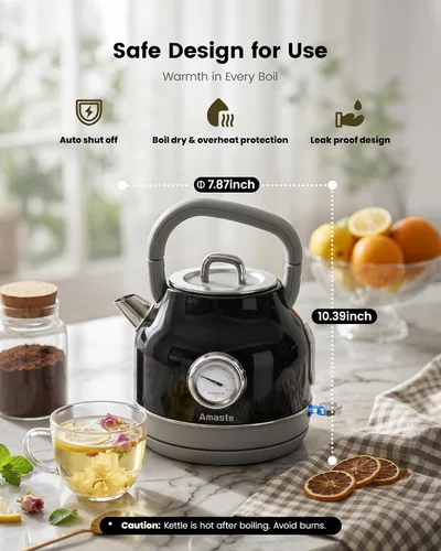 Miniatura 6 de Amaste Hervidor Eléctrico, Hervidor Eléctrico Retro de Té con Termómetro, Hervidor de Agua Caliente de 57 Oz para Café y Té, Acero Inoxidable 304