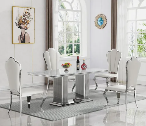 Miniatura 28 de Juego de mesa de comedor de mármol negro de lujo para 4, mesa de cocina dorada de 70 pulgadas y 4 sillas de cuero negro, juego de 5 mesas de comedor