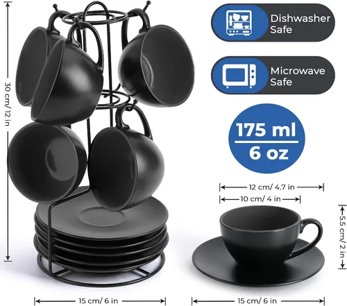 Miniatura 2 de MIAMIO - Juego de 6 tazas de capuchino apilables de cerámica / tazas de capuchino de 6 onzas y platillo con soporte de metal para bebidas de café