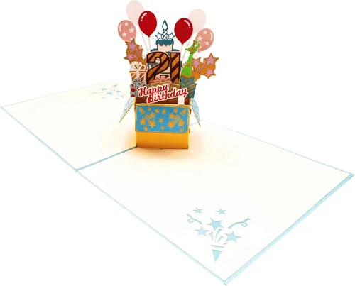 Miniatura 3 de iGifts And Cards Tarjeta desplegable 3D de cumpleaños 21 – Caja de fiesta azul de moda sorpresa con globos, regalos y vibraciones de alegría