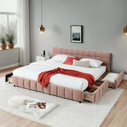 Miniatura 17 de Base de cama tapizada tamaño California King con tela de felpilla gruesa, cama de plataforma con cabecero copetudo, marco de madera maciza, diseño