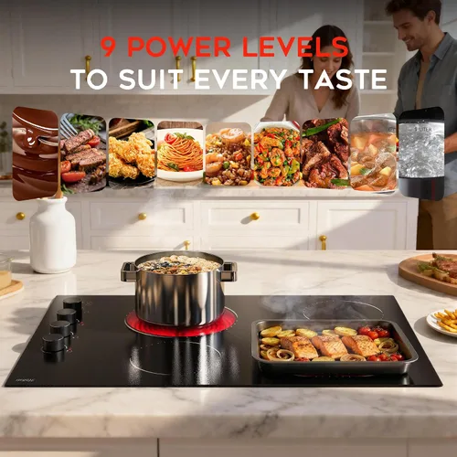 Miniatura 5 de Placa de cocina eléctrica de 30 pulgadas, estufa eléctrica de 4 quemadores, 6700 W, quemador de doble anillo y quemador ovalado, 9 niveles