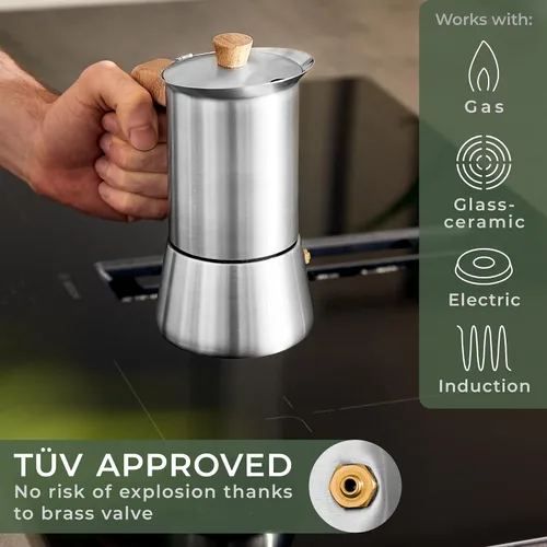 Miniatura 2 de WALDWERK Cafetera Moka de Acero Inoxidable (10 oz) - Cafetera Moka Libre de Tóxicos con Mango de Madera de Roble - Cafetera de Estufa para Espresso