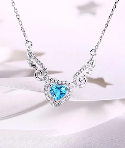 Miniatura 4 de Fine Jewelry - Collar con colgante de plata de ley 925, piedra preciosa natural, topacio azul suizo, amatista, peridoto, amor, corazón, alas de ángel