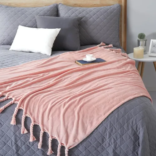 Miniatura 5 de Homiest Manta de forro polar con flecos, suave y acogedora manta de franela rosa claro, manta decorativa ligera para sofá, cama, silla para todas