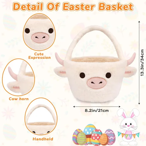 Miniatura 3 de Cesta de Pascua - Cestas de felpa de vaca blanca de Pascua para niños, suaves y vacías para caza de huevos con asa, lindas decoraciones de dulces