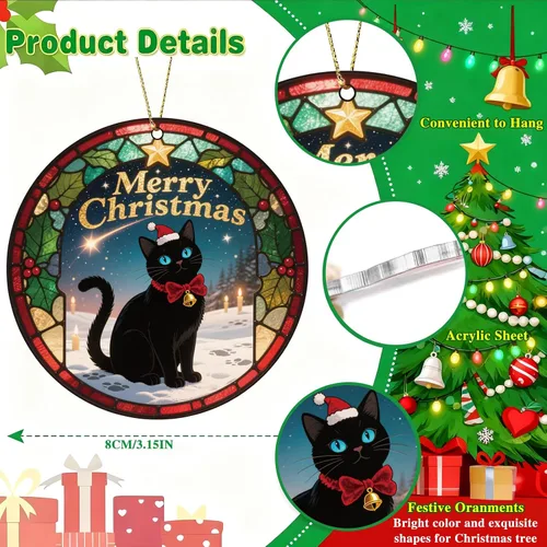 Miniatura 2 de Adornos de Navidad Graciosos de Gato Negro 2025, Adornos Colgantes de Acrílico 2D para Decoraciones de Árbol de Navidad, Adornos de Navidad