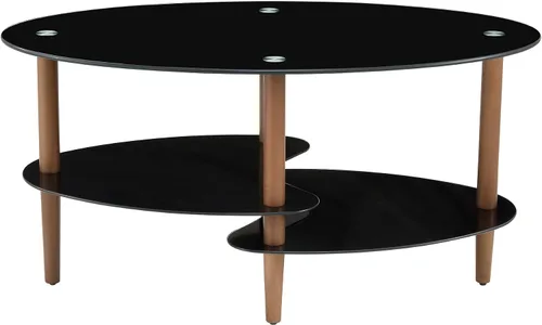 Miniatura 7 de Mesa de centro de cristal negro, mesa moderna ovalada para sala de estar con almacenamiento, patas de madera de roble, mesa central de vidrio