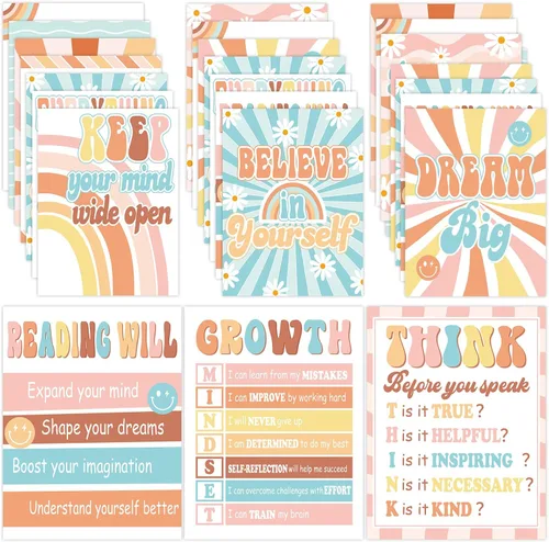 ZOIIWA 12 pósteres retro Groovy para decoración de aula, juego de tablones de anuncios hippie, póster de regreso a la escuela, póster retro de