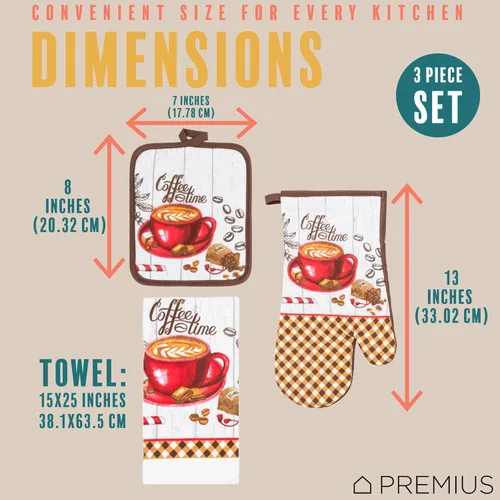 Miniatura 6 de Juego de ropa de cocina estampada Coffee Time de 3 piezas, 1 toalla de algodón, 1 agarradera, 1 guante de horno con lazo para colgar, material 100%