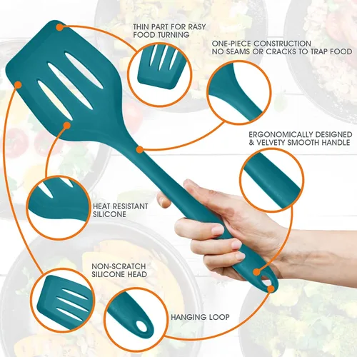 Miniatura 3 de E-far - Juego de utensilios de cocina de silicona azul turquesa, 15 piezas con soporte, utensilios de cocina antiadherentes y resistentes al calor