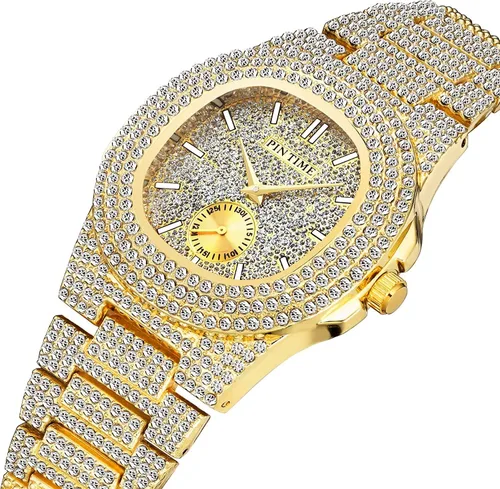 Miniatura 2 de Gosasa Reloj de pulsera unisex de cristal para hombre y mujer, reloj cubano con brillo completo, oblongo de plata/oro, reloj de pulsera de acero