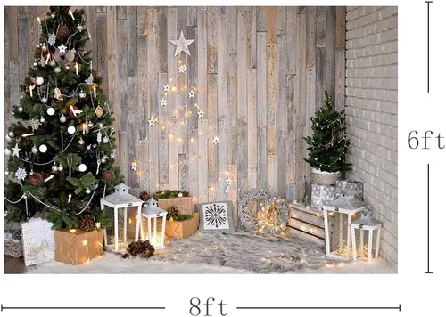 Miniatura 2 de MEHOFOND Árbol de Navidad de invierno de 8 x 6 pies, fondos de pared de madera marrón rústica, estrellas, regalos, corona, fotografía, fondo, feliz