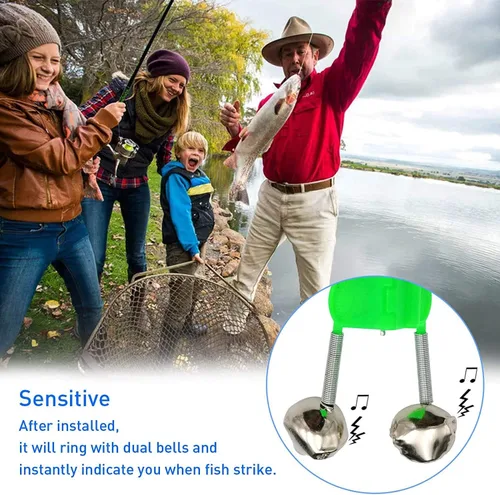 Miniatura 5 de Campanas de pesca Clips con luz LED Night Sea Fishing Rod Clip de luz LED con campanas gemelas anillo indicador de alarma de mordedura de pesca