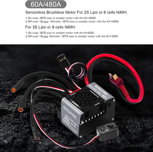 Miniatura 5 de GOUPRC 60A sin escobillas RC ESC 2-3S controlador de velocidad eléctrico impermeable con tarjeta de programación para accesorios a escala 1/10 RC