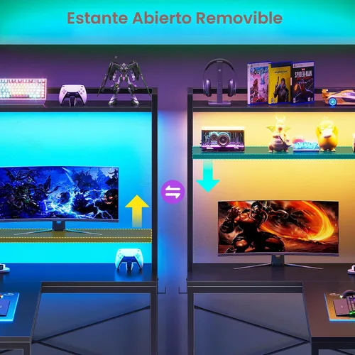 Miniatura 6 de SEDETA Escritorio para juegos en forma de L, escritorio esquinero pequeño reversible de 45.3 pulgadas con toma de corriente y luces LED, escritorio