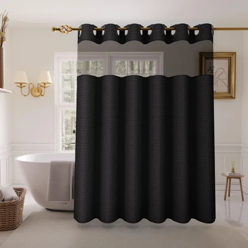 Miniatura 18 de Inhousolu - Cortina de ducha sin gancho con juego de forro de tela a presión, tejido waffle 230 GSM dobladillo con peso, impermeable y lavable