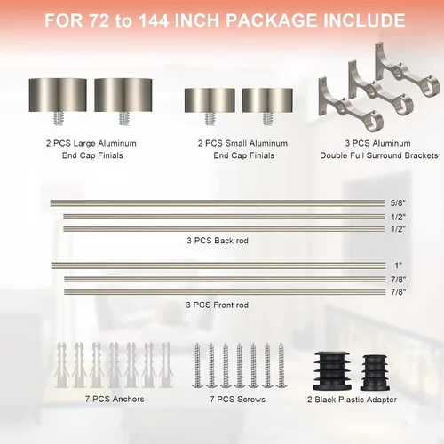 Miniatura 6 de Barras de cortina dobles con tapa de aluminio y soportes completos, barra de cortina doble ajustable de 1 pulgada en el frente y 5/8 pulgadas