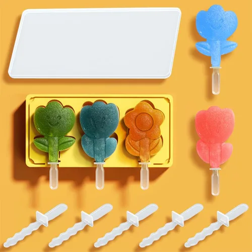 Rolin Roly Moldes amarillos de silicona para paletas de hielo con 5 varillas, molde para hacer helados con tapa, moldes reutilizables para tarta de