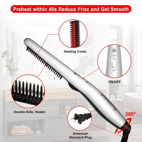Miniatura 2 de Peine alisador de barba para hombres,Peine caliente para el cabello,Estilizador de cepillo de barba calentado eléctrico rápido,Viaje portátil