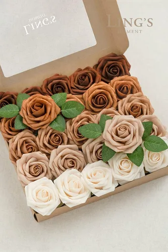 Miniatura 7 de Ling's Moment Flores artificiales, 50 rosas de 3 pulgadas en tonos marrón nogal, relleno floral de espuma realista para ramos de boda/centros