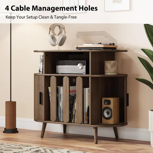 Miniatura 4 de Soporte grande para tocadiscos de 35.5 pulgadas con estación de carga, gabinete de almacenamiento de discos de vinilo, moderno soporte
