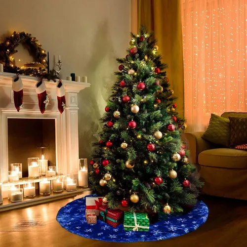 Miniatura 7 de Atiming Falda de árbol de Navidad azul de felpa de 30 pulgadas, falda de árbol de Navidad de piel azul oscuro con lentejuelas plateadas, copo