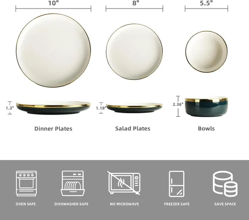 Miniatura 2 de Pokini Juego de vajilla de porcelana, juego de 12 platos y cuencos de porcelana de lujo, juego de platos verdes con borde dorado para boda