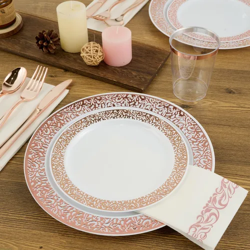 Miniatura 2 de FOCUSLINE Juego de vajilla de oro rosa de 175 piezas para 25 invitados, platos de plástico con diseño de borde de encaje de oro rosa, incluye 25