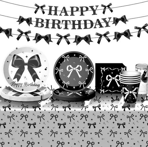 Suministros de fiesta de cumpleaños de lazo negro para niña, decoraciones de fiesta de cumpleaños coquette incluyen platos de lazo negro,