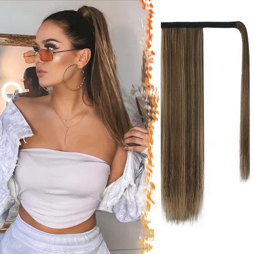 Miniatura 53 de BARSDAR Extensión de cola de caballo de 28 pulgadas largo recto envoltura alrededor del clip en pelo de fibra sintética para mujeres, negro