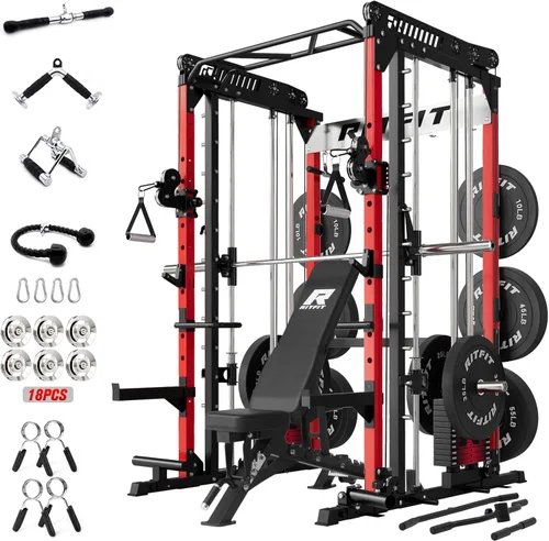 Miniatura 10 de RitFit Paquete de máquina M1 Pro Smith, jaula de potencia todo en uno con juego de pilas de pesas, incluye sistema LAT Pulldown y cable cruzado
