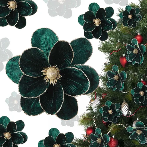 Miniatura 9 de 12 piezas de flores de pascua de Navidad grandes de terciopelo con cabezas grandes de flores de magnolia artificiales con purpurina para decoración
