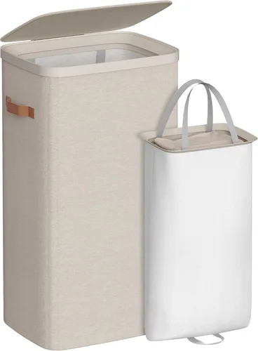 Miniatura 12 de SONGMICS Cesta de lavandería de 17.2 galones, fácil montaje, con tapa y asas, forro extraíble, 15.4 x 8.7 x 29.5 pulgadas, beige capuchino
