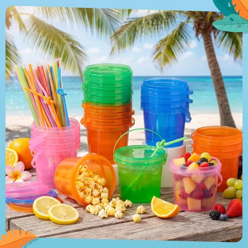Miniatura 4 de Funnymoom Paquete de 36 cubos de plástico para ron para bebidas con pajita, cubeta de cóctel para helado, con tapas y asas, recipientes de alimentos