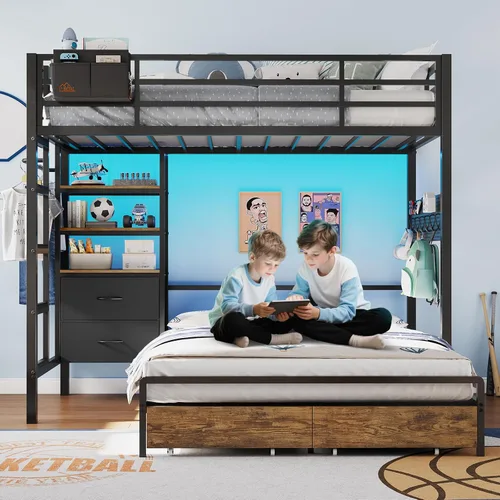 Miniatura 3 de DICTAC Litera individual sobre tamaño matrimonial con 4 cajones de almacenamiento y estantería abierta de 3 niveles de metal con luces LED, estación