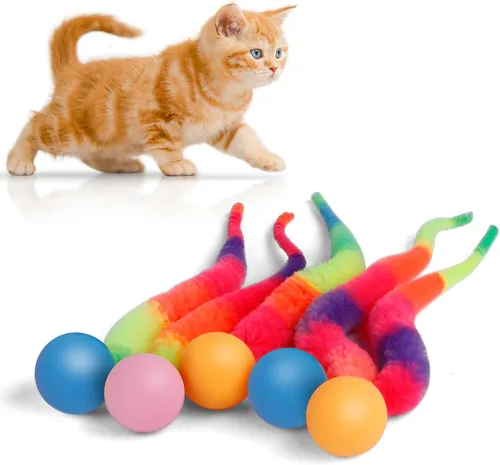 Miniatura 10 de SHENGSEN Pelota que Rebota con Cola Juguetes para Gatos-5 Paquetes, Gusano Mágico con Juguete de Pelota Grande y Colorida para Gatos, Pelotas que