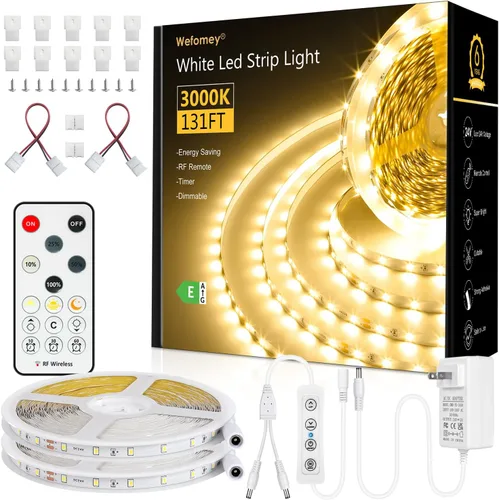 Miniatura 8 de Wefomey Tira de luces LED blancas, tira de luces LED regulables de 24 V de 131 pies, 6500 K, luz blanca brillante, cinta de luces flexibles