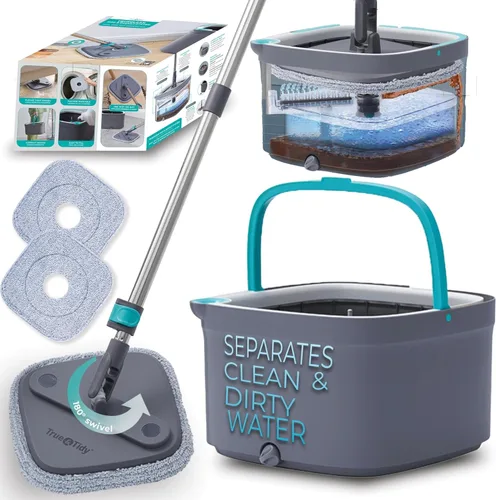 True & Tidy True Clean Sistema de Trapeador Giratorio y Cubo – Diseño de Doble Compartimento para Agua Limpia y Sucia, Cabezal de Trapeador