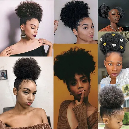 Miniatura 6 de MOONSHOW Extensión de cola de caballo afro con cordón para mujeres negras, extensión de moño corto afro rizado, extensiones de cabello sintético
