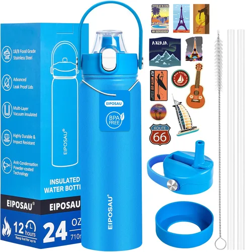 Miniatura 28 de Botella de agua aislada con tapa, bota y calcomanías, botella de acero inoxidable de 24 onzas, sin sudor, mantiene el frío las 24 horas, botella