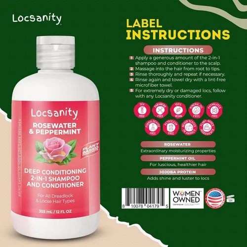 Miniatura 7 de Locsanity Agua de Rosas y Menta Champú y Acondicionador 2 en 1 para Todos los Tipos de Dreadlocks y Peinados – Champú y Acondicionador Hidratante