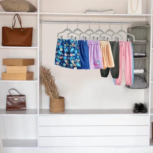 Miniatura 2 de Perchas de plástico de calidad para niños, no aterciopeladas, delgadas, compactas, con clips de metal, para faldas, pantalones, blusas, gancho Gris
