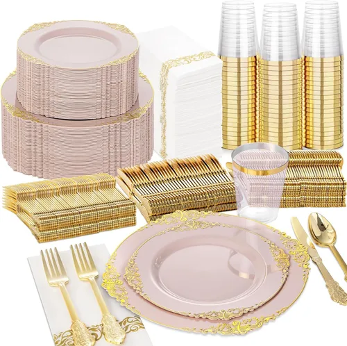 Miniatura 19 de Nervure 350 platos de plástico dorados, juegos de vajilla de plástico dorado para 50 invitados, 100 platos desechables, 150 cubiertos, 50 tazas, 50